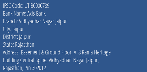 Axis Bank Vidhyadhar Nagar Jaipur Branch, Branch Code 000789 & IFSC Code UTIB0000789