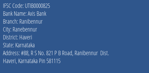 Axis Bank Ranibennur Branch, Branch Code 000825 & IFSC Code UTIB0000825