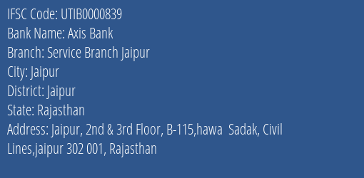 Axis Bank Service Branch Jaipur Branch, Branch Code 000839 & IFSC Code UTIB0000839
