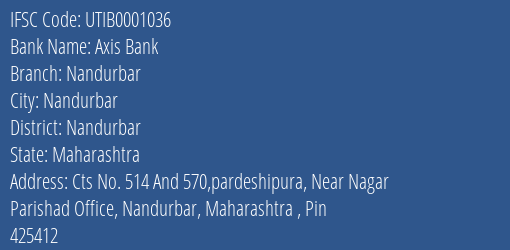 Axis Bank Nandurbar Branch, Branch Code 001036 & IFSC Code UTIB0001036