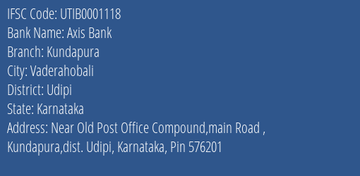 Axis Bank Kundapura Branch, Branch Code 001118 & IFSC Code UTIB0001118