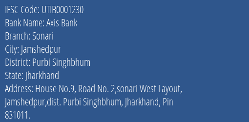 Axis Bank Sonari Branch Purbi Singhbhum IFSC Code UTIB0001230