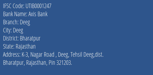 Axis Bank Deeg Branch Bharatpur IFSC Code UTIB0001247