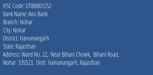 Axis Bank Nohar Branch Hanumangarh IFSC Code UTIB0001252