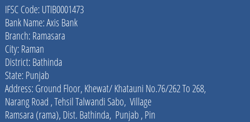 Axis Bank Ramasara Branch, Branch Code 001473 & IFSC Code UTIB0001473