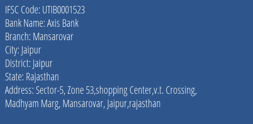 Axis Bank Mansarovar Branch, Branch Code 001523 & IFSC Code UTIB0001523