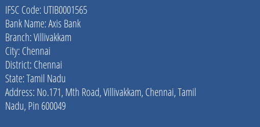 Axis Bank Villivakkam Branch Chennai IFSC Code UTIB0001565