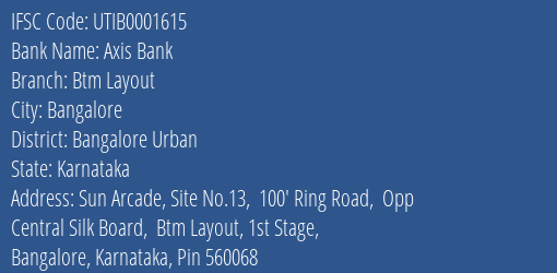 Axis Bank Btm Layout Branch Bangalore Urban IFSC Code UTIB0001615