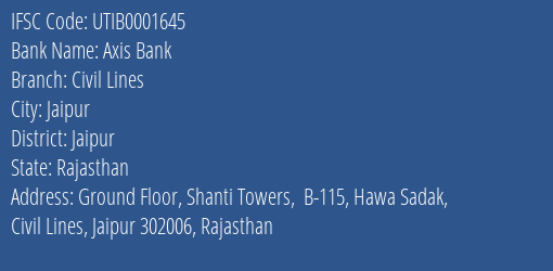 Axis Bank Civil Lines Branch, Branch Code 001645 & IFSC Code UTIB0001645