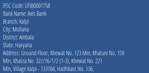 Axis Bank Kalpi Branch Ambala IFSC Code UTIB0001758