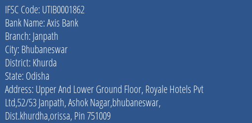 Axis Bank Janpath Branch, Branch Code 001862 & IFSC Code UTIB0001862
