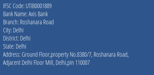 Axis Bank Roshanara Road Branch Delhi IFSC Code UTIB0001889