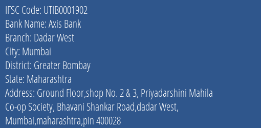 Axis Bank Dadar West Branch Greater Bombay IFSC Code UTIB0001902