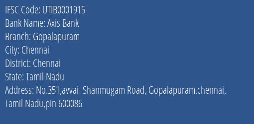 Axis Bank Gopalapuram Branch Chennai IFSC Code UTIB0001915