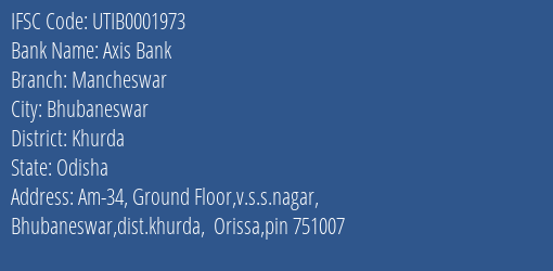 Axis Bank Mancheswar Branch, Branch Code 001973 & IFSC Code UTIB0001973