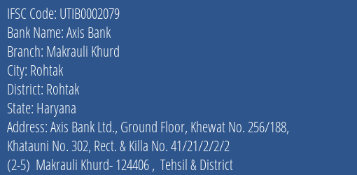 Axis Bank Makrauli Khurd Branch Rohtak IFSC Code UTIB0002079