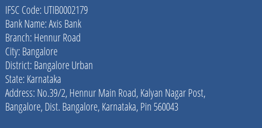 Axis Bank Hennur Road Branch Bangalore Urban IFSC Code UTIB0002179