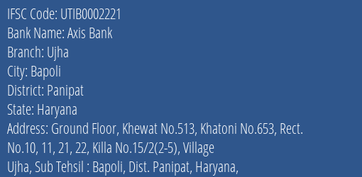 Axis Bank Ujha Branch Panipat IFSC Code UTIB0002221