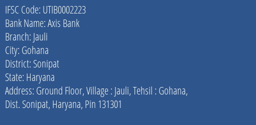 Axis Bank Jauli Branch Sonipat IFSC Code UTIB0002223
