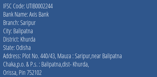 Axis Bank Saripur Branch Khurda IFSC Code UTIB0002244