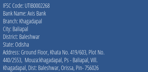 Axis Bank Khagadapal Branch Baleshwar IFSC Code UTIB0002268