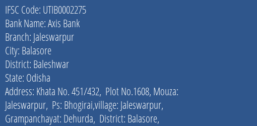 Axis Bank Jaleswarpur Branch Baleshwar IFSC Code UTIB0002275