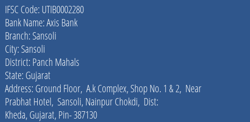 Axis Bank Sansoli Branch Panch Mahals IFSC Code UTIB0002280