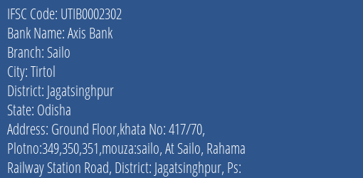 Axis Bank Sailo Branch Jagatsinghpur IFSC Code UTIB0002302