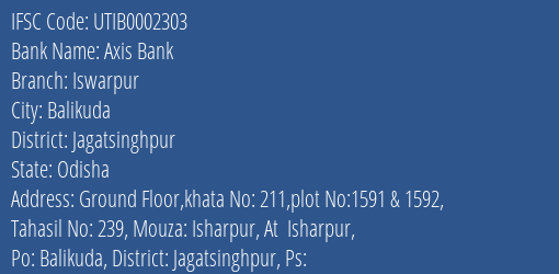 Axis Bank Iswarpur Branch Jagatsinghpur IFSC Code UTIB0002303