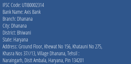 Axis Bank Dhanana Branch Bhiwani IFSC Code UTIB0002314