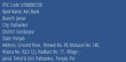 Axis Bank Janial Branch Gurdaspur IFSC Code UTIB0002330
