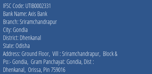 Axis Bank Sriramchandrapur Branch, Branch Code 002331 & IFSC Code Utib0002331