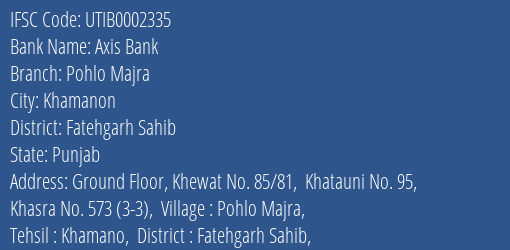 Axis Bank Pohlo Majra Branch Fatehgarh Sahib IFSC Code UTIB0002335