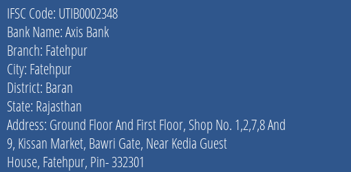 Axis Bank Fatehpur Branch Baran IFSC Code UTIB0002348
