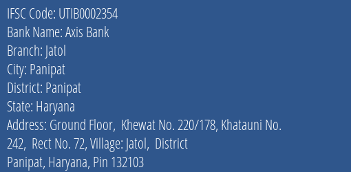 Axis Bank Jatol Branch Panipat IFSC Code UTIB0002354