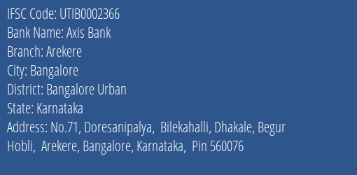 Axis Bank Arekere Branch Bangalore Urban IFSC Code UTIB0002366