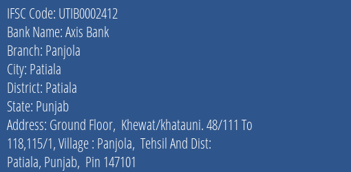 Axis Bank Panjola Branch Patiala IFSC Code UTIB0002412
