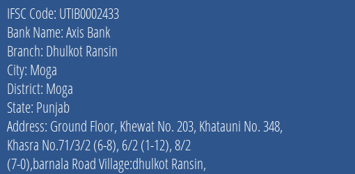 Axis Bank Dhulkot Ransin Branch Moga IFSC Code UTIB0002433