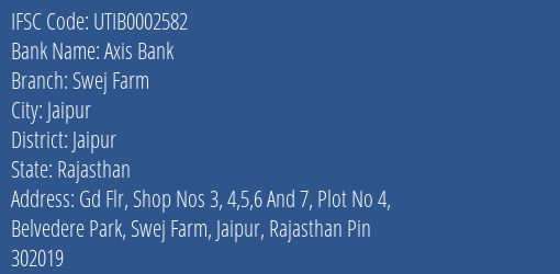Axis Bank Swej Farm Branch, Branch Code 002582 & IFSC Code UTIB0002582