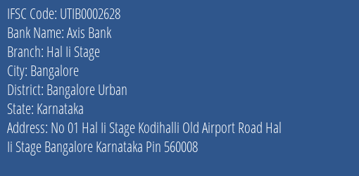 Axis Bank Hal Ii Stage Branch Bangalore Urban IFSC Code UTIB0002628