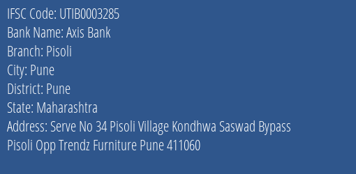 Axis Bank Pisoli Branch Pune IFSC Code UTIB0003285