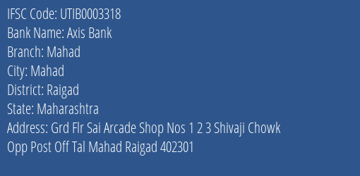 Axis Bank Mahad Branch Raigad IFSC Code UTIB0003318