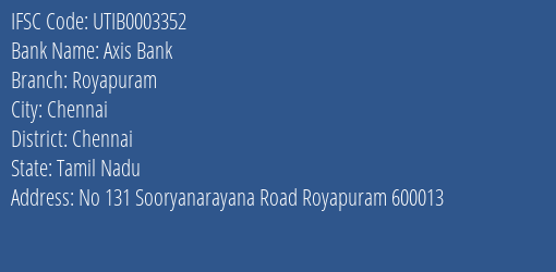 Axis Bank Royapuram Branch Chennai IFSC Code UTIB0003352