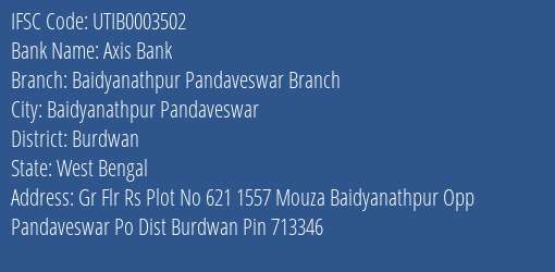 Axis Bank Baidyanathpur Pandaveswar Branch Branch Burdwan IFSC Code UTIB0003502