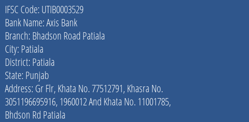 Axis Bank Bhadson Road Patiala Branch Patiala IFSC Code UTIB0003529