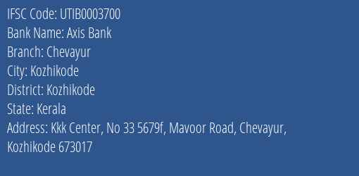 Axis Bank Chevayur Branch Kozhikode IFSC Code UTIB0003700