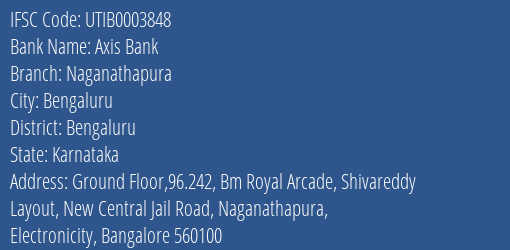 Axis Bank Naganathapura Branch, Branch Code 003848 & IFSC Code UTIB0003848