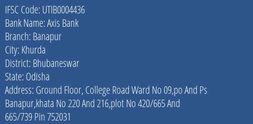Axis Bank Banapur Branch Bhubaneswar IFSC Code UTIB0004436