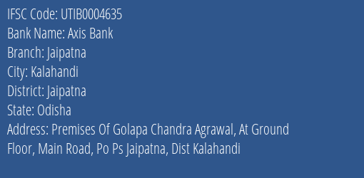 Axis Bank Jaipatna Branch, Branch Code 004635 & IFSC Code Utib0004635