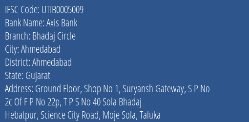 Axis Bank Bhadaj Circle Branch Ahmedabad IFSC Code UTIB0005009